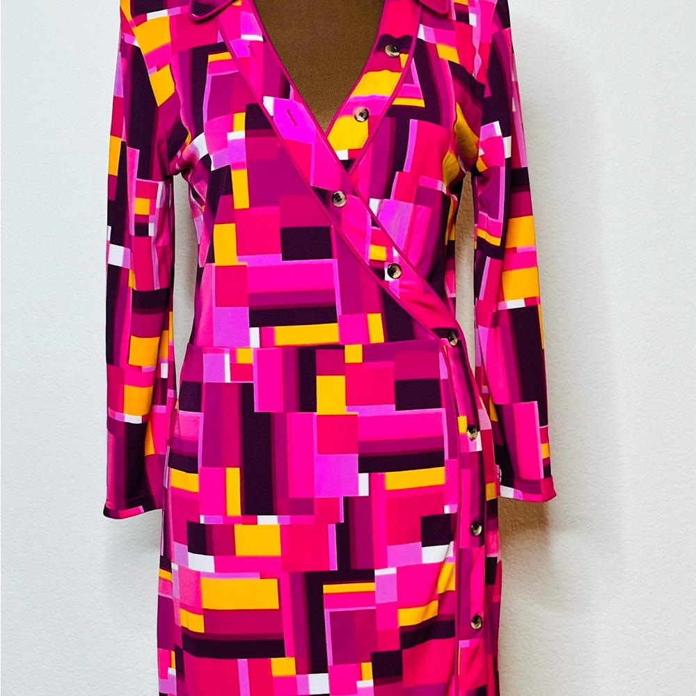 Isaac Mizrahi Geometric Pink and Yellow Wrap Dress